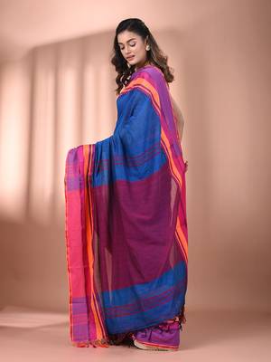 Sapphire blue cotton handspun soft saree with texture borders 3