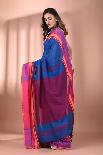 Sapphire blue cotton handspun soft saree with texture borders
