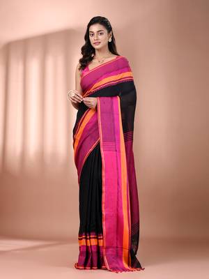 Black cotton handspun soft saree with texture borders 1