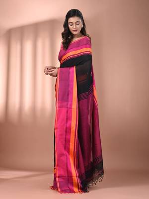 Black cotton handspun soft saree with texture borders 2