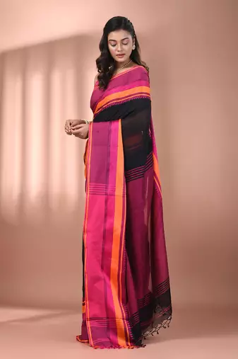 Black cotton handspun soft saree with texture borders