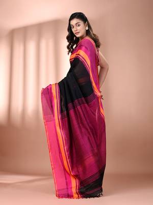 Black cotton handspun soft saree with texture borders 3