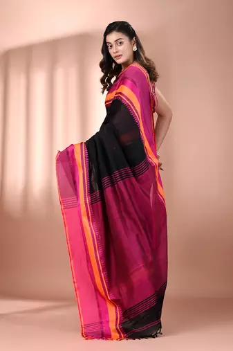 Black cotton handspun soft saree with texture borders