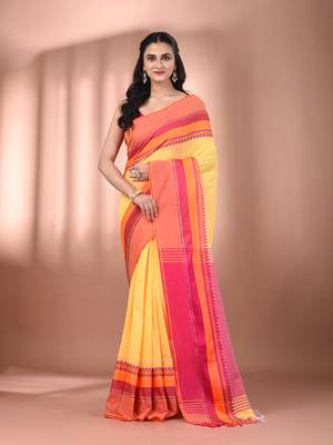 Yellow cotton handspun soft saree with texture borders 1