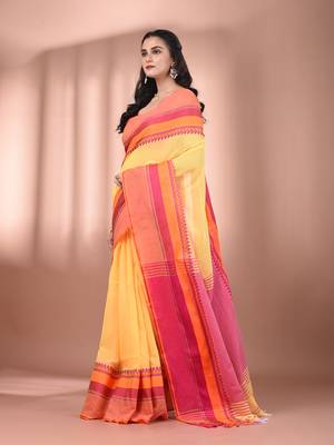 Yellow cotton handspun soft saree with texture borders 2