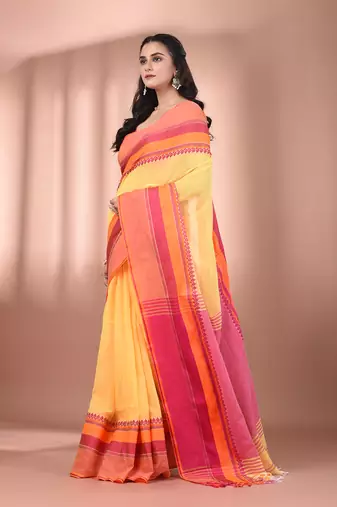 Yellow cotton handspun soft saree with texture borders