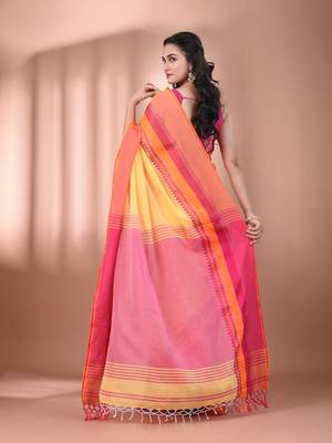Yellow cotton handspun soft saree with texture borders 3