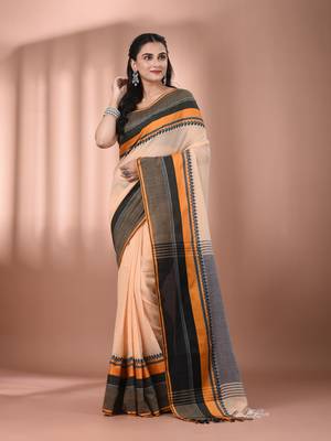 Beige cotton handspun soft saree with texture borders 1