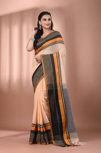 Beige cotton handspun soft saree with texture borders