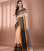 Beige cotton handspun soft saree with texture borders