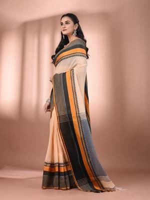 Beige cotton handspun soft saree with texture borders 2