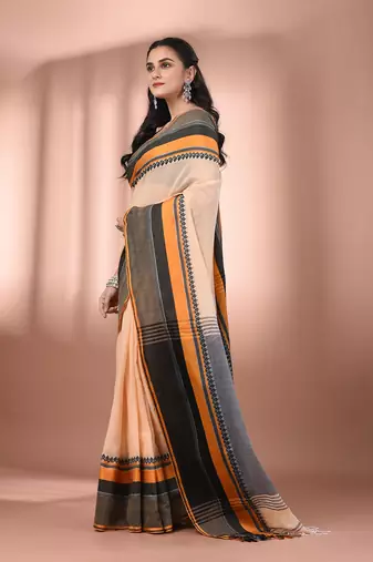 Beige cotton handspun soft saree with texture borders