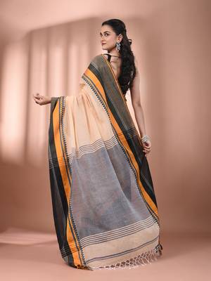 Beige cotton handspun soft saree with texture borders 3