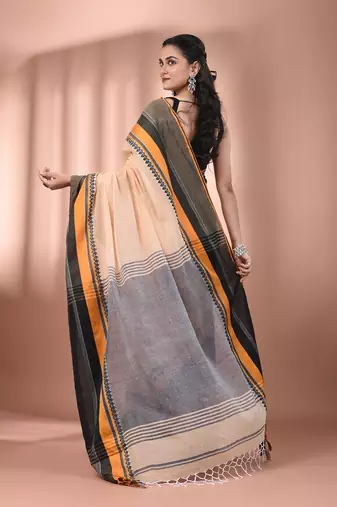Beige cotton handspun soft saree with texture borders