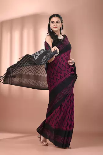 Magenta cotton handspun soft saree with ziczac pattern