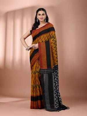 Mustard cotton handspun soft saree with ziczac pattern 1
