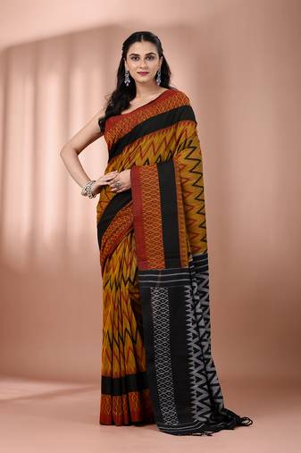 Mustard cotton handspun soft saree with ziczac pattern