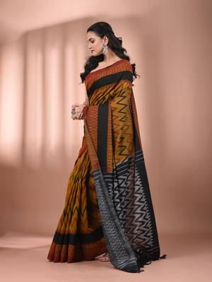 Mustard cotton handspun soft saree with ziczac pattern 2
