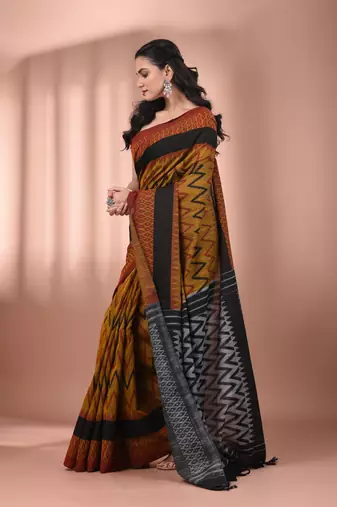 Mustard cotton handspun soft saree with ziczac pattern