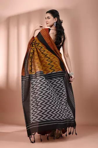 Mustard cotton handspun soft saree with ziczac pattern