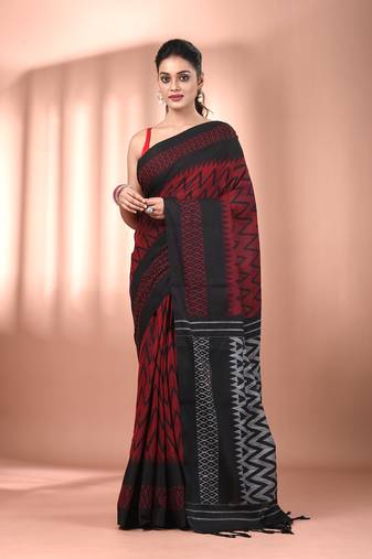 Red cotton handspun soft saree with ziczac pattern