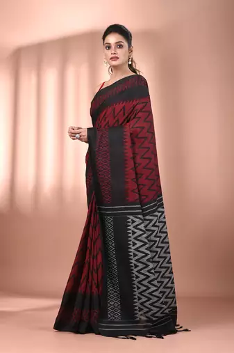 Red cotton handspun soft saree with ziczac pattern
