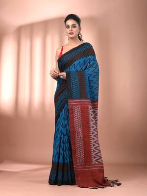 Sapphire blue cotton handspun soft saree with ziczac pattern 1