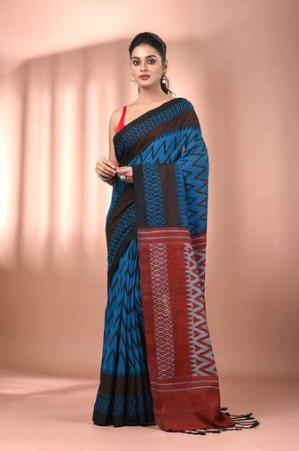 Sapphire blue cotton handspun soft saree with ziczac pattern