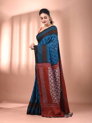 Sapphire blue cotton handspun soft saree with ziczac pattern 2