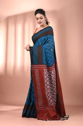Sapphire blue cotton handspun soft saree with ziczac pattern