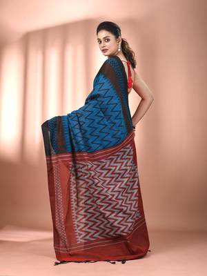 Sapphire blue cotton handspun soft saree with ziczac pattern 3