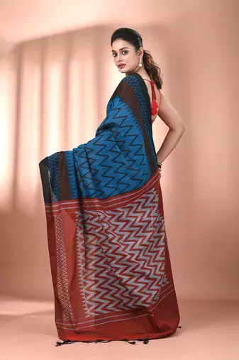 Sapphire blue cotton handspun soft saree with ziczac pattern