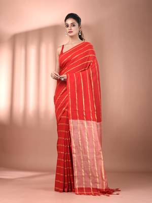 Red cotton handspun soft saree with zari stripe pattern 1