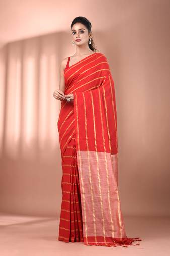 Red cotton handspun soft saree with zari stripe pattern
