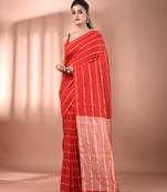 Red cotton handspun soft saree with zari stripe pattern