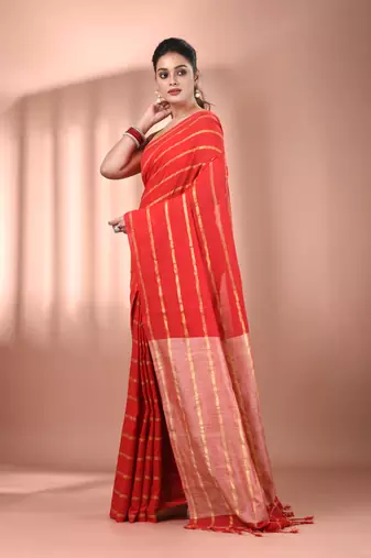 Red cotton handspun soft saree with zari stripe pattern