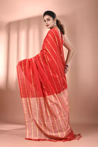 Red cotton handspun soft saree with zari stripe pattern
