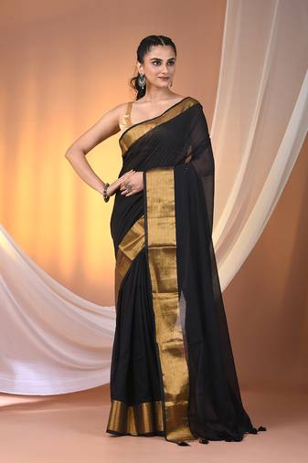 Black mulmul cotton soft saree with zari borders Without blouse