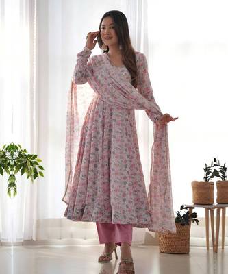 Chiffon Floral Print Fabric, Padded, Side Zipper Attached Fully Flair Anarkali Kurti, Dupatta And Pent 1