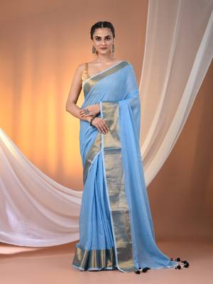 Sky blue mulmul cotton soft saree with zari borders Without blouse 1