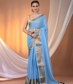 Sky blue mulmul cotton soft saree with zari borders Without blouse