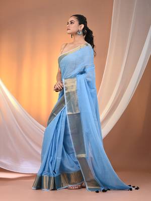 Sky blue mulmul cotton soft saree with zari borders Without blouse 2
