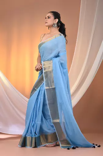 Sky blue mulmul cotton soft saree with zari borders Without blouse