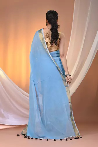 Sky blue mulmul cotton soft saree with zari borders Without blouse