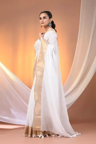 White mulmul cotton soft saree with zari borders Without blouse