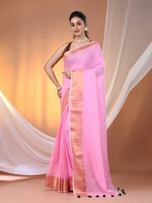 Pink mulmul cotton soft saree with zari borders Without blouse 1