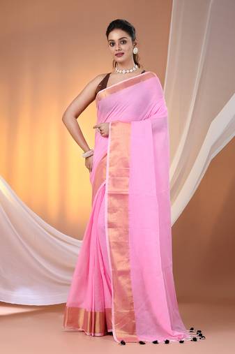 Pink mulmul cotton soft saree with zari borders Without blouse