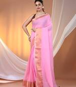 Pink mulmul cotton soft saree with zari borders Without blouse