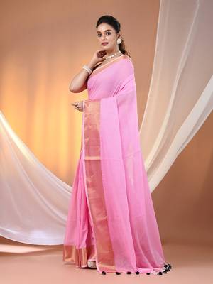 Pink mulmul cotton soft saree with zari borders Without blouse 2