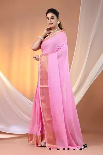 Pink mulmul cotton soft saree with zari borders Without blouse